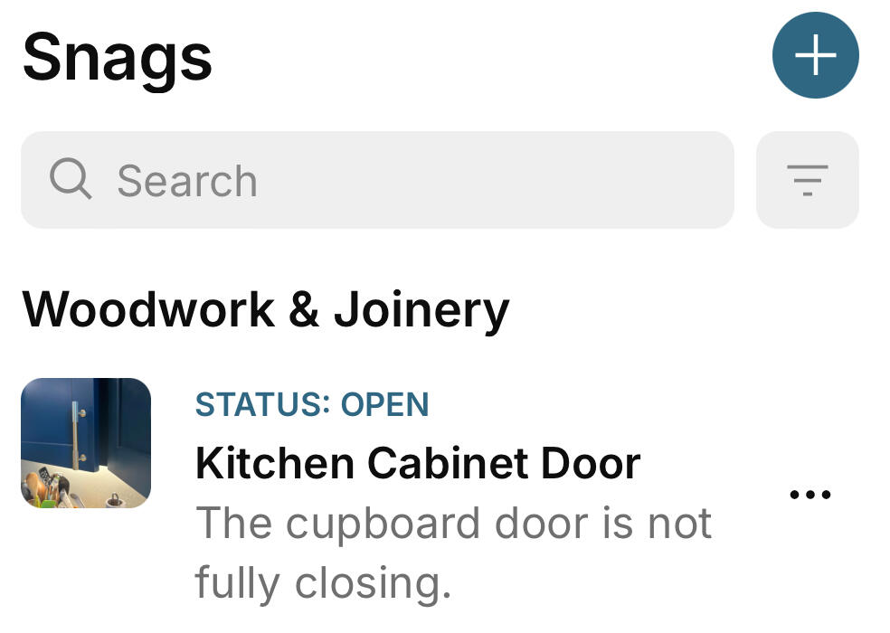 Quick Snag Record, search and filter the snags in your new UK home